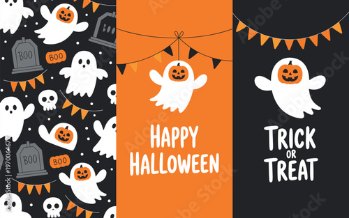 Halloween party banner with cute ghost and pumpkin decorations on black background trick or treat festive design