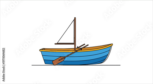 Minimalist vector illustration of a small blue wooden rowboat with oars