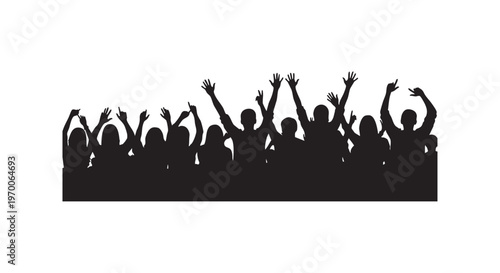 A group of people are celebrating with their hands raised in the air isolated on transparent background