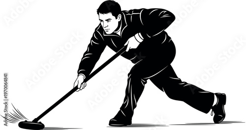 Silhouette of a man playing curling with a broom and stone