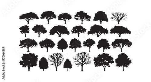 A collection of various tree silhouettes in different shapes and sizes isolated on transparent background