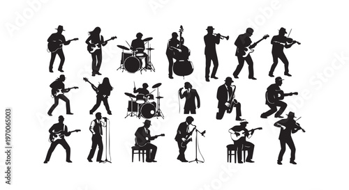 Silhouette of various musicians playing different instruments in black color isolated on transparent background
