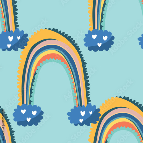 Trendy seamless pattern with colorful rainbow on color background. Design for invitation, poster, card, fabric, textile, fabric. Cute holiday illustration for baby. Scandinavian doodle style.