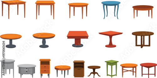 Table collection set, wooden modern vintage furniture designs, coffee dining side tables, interior decor elements, colorful vector illustration isolated