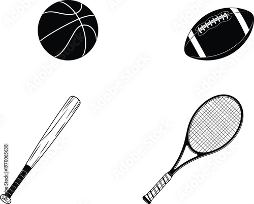 Bild auf Leinwand Sports equipment icons set, basketball football baseball bat tennis racket, athl