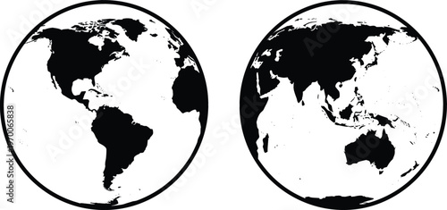 World map globe set showing Americas and Asia Pacific hemispheres in black and white minimalist style, global geography earth icon vector illustration