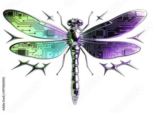 Wallpaper Mural A vibrant dragon fly with iridescent circuit board wings against a clean white background, showcasing a blend of nature and technology in a visually striking illustration with purple, Torontodigital.ca