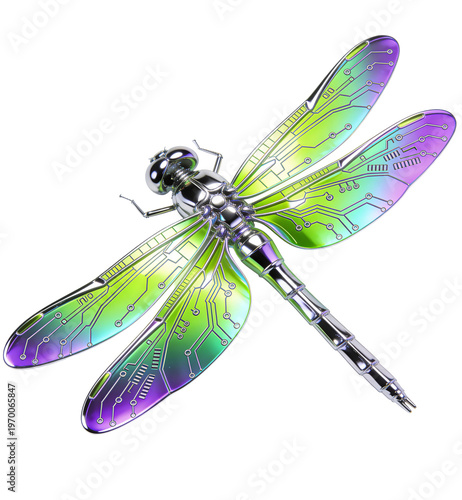 Wallpaper Mural A vibrant dragon fly with iridescent green and purple wings against a clean white background, showcasing its intricate details in a close-up shot with a shallow depth of field, conveying a Torontodigital.ca