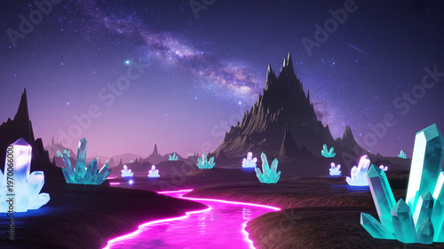 Surreal digital fantasy landscape with luminous blue crystals, a glowing pink river, and towering mountains under a mesmerizing starry night sky