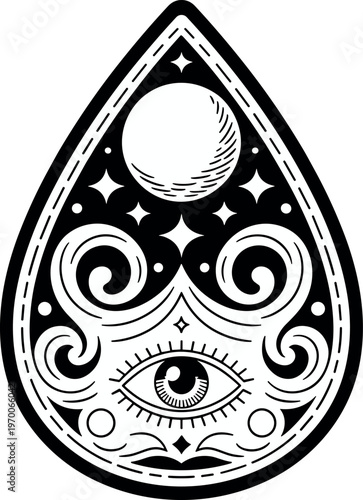 Black and white evil eye talisman vector illustration with ornate swirls and protective symbols for spiritual design