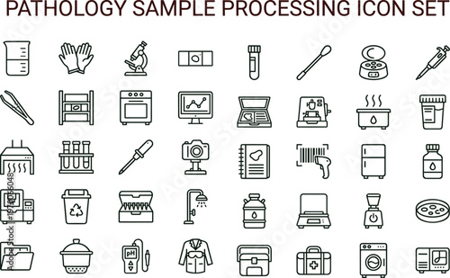 Pathology sample processing outline icon set with laboratory specimen preparation diagnostics histology workflow lab equipment healthcare symbols for medical apps dashboards interfaces