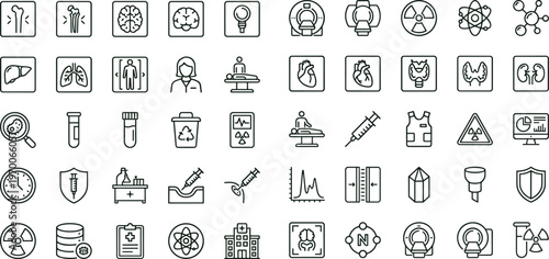 Nuclear medicine diagnostic outline icon set with radiology imaging isotopes anatomy scanner symbols for healthcare apps dashboards interfaces presentations