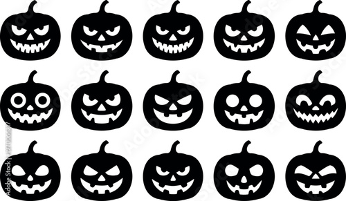 Halloween pumpkin faces set vector illustration spooky carved jack o lanterns black background festive