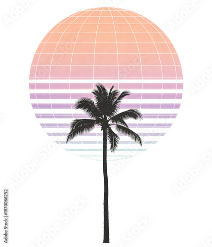 Wallpaper Mural Graphic illustration of a palm tree in front of a pastel-colored sunset with horizontal stripes on a white background. Torontodigital.ca