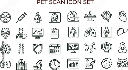 PET scan outline icon set with nuclear medicine imaging radiology diagnostics anatomy analysis symbols for healthcare apps dashboards interfaces presentations