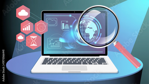 Conceptual digital illustration showing a laptop with a magnifying glass analyzing global data, symbolizing technology, research, and information security