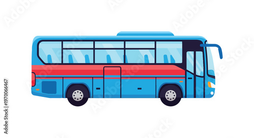 Blue and Red Passenger Coach Bus Flat Vector Illustration