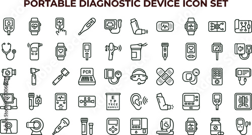 Portable diagnostic medical device line icon set for mobile healthcare monitoring equipment interface symbols vector clinical applications