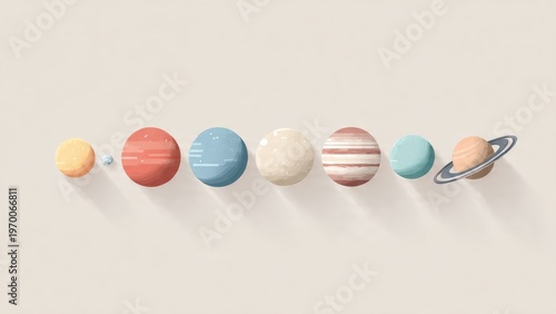 Stylized illustration of the eight planets in the solar system, each with distinct colors and textures, arranged in a neat horizontal line on a light background.