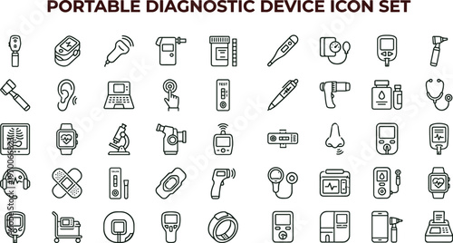 Portable diagnostic medical device line icon set for mobile healthcare monitoring equipment interface symbols vector clinical technology applications