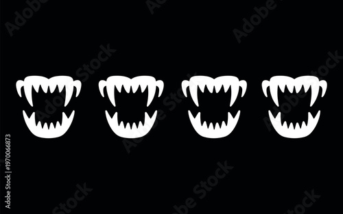 Four glowing white vampire fangs isolated on black background dental horror halloween icon set minimalist design