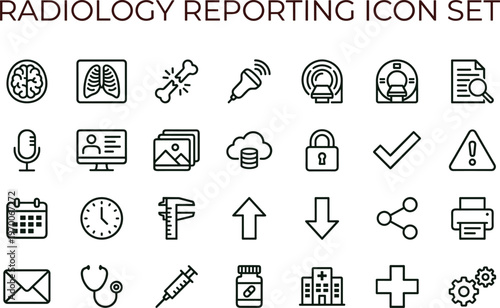 Radiology reporting outline icon set featuring diagnostic imaging workflow documentation healthcare symbols for hospital apps websites presentations clinical interfaces