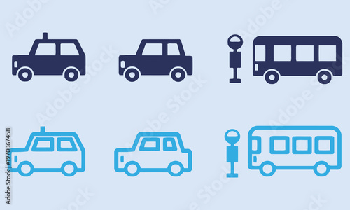 Set of Flat Vector Icons: Cars, Taxi, and Bus at Bus Stop