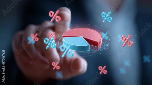 Professional interacting with holographic 3D pie chart and percentage symbols