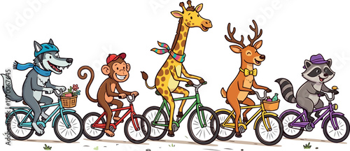 Cartoon animals riding bicycles in a fun outdoor scene
