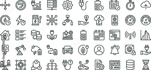 Smart energy management outline icon set featuring electricity analytics renewable power technology symbols for dashboards apps websites presentations and interface design