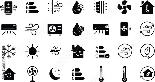Collection of black climate control and weather related icons