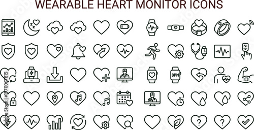 Wearable heart monitor outline icon set with smartwatch ECG tracking remote cardiology health monitoring symbols for medical apps dashboards interfaces