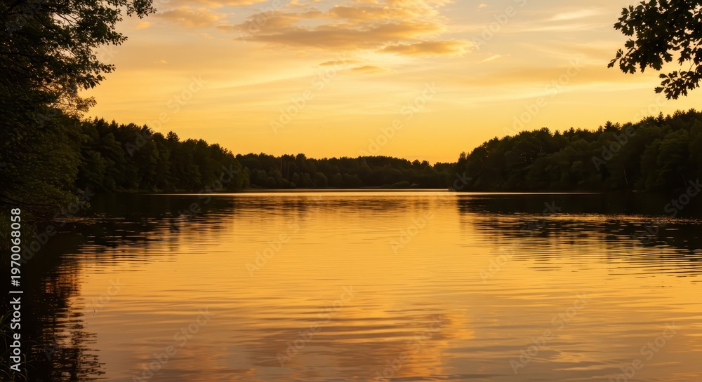 Obraz premium Tranquil water surface reflects an intense orange and yellow sunset over a dense forest shoreline.