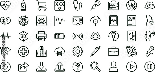 Medical diagnostic ultrasound and healthcare interface outline icon set featuring hospital equipment symbols for apps websites presentations clinical systems