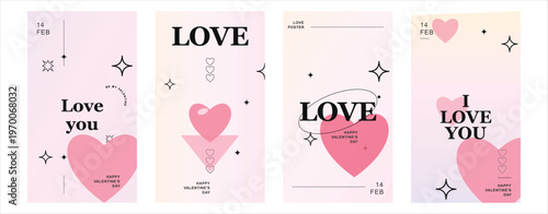 Four vertical Valentine's Day social media templates featuring pink hearts and minimalist line art for romantic love stories and greetings.