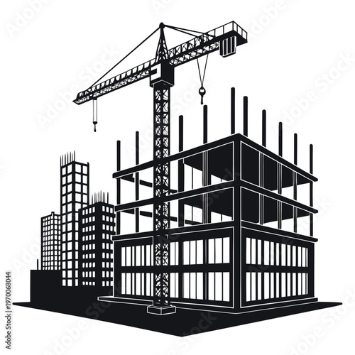 construction building silhouette with crane and scaffolding, unfinished structure vector illustration isolated on white background