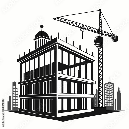 construction building silhouette with crane and scaffolding, unfinished structure vector illustration isolated on white background