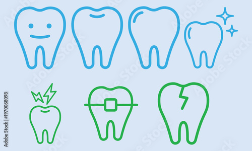Cute Dental Icons: Healthy, Braces, Cracked and Smiling Tooth