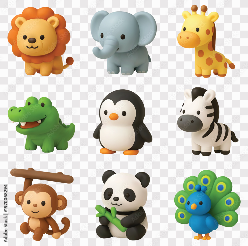 Fototapeta premium Zoo Animal Vector Icon Set | 3D icon set | lion, elephant, giraffe, crocodile, penguin, zebra, monkey, panda, and peacock
