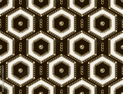 Seamless jewelry pattern with golden chains, beads arranged in geometric hexagonal grid on high contrast background. Classic elegance design