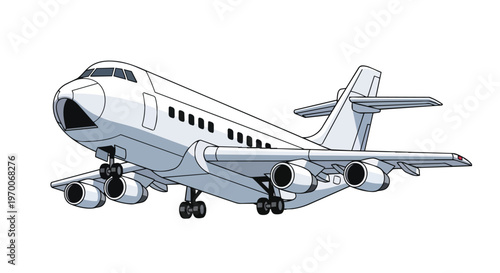 Cartoon Illustration of a White Passenger Airplane Landing