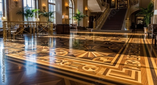 A grand hotel lobby features an elaborate parquet floor.