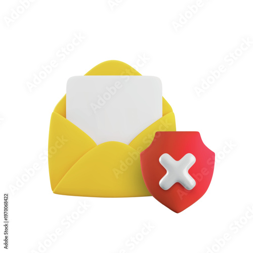 Vector cartoon 3d secure email icon. 3d render opened envelope, red shield, x cross sign. Electronic mail protection, cyber security, anti spam, fishing mail notification, protected web communication