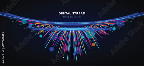 Abstract digital stream background featuring flowing data networks with colorful lines and bokeh spheres on a dark blue tech backdrop.