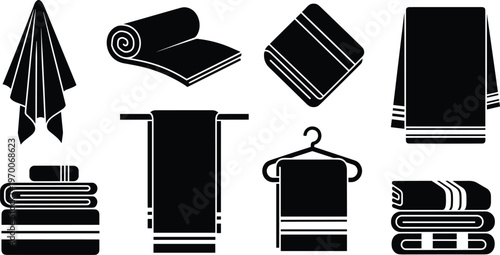 Set of black towel silhouettes in various folds and hanging styles, including rolled, stacked, and hanging on racks or hangers, perfect for bathroom hygiene, spa wellness, and home textile concepts.
