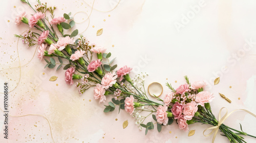 Delicate pink carnations and eucalyptus arranged with gold accents on a soft background