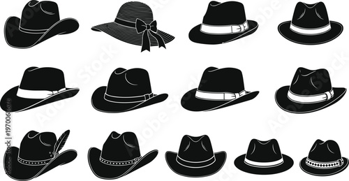 Set of cowboy and sun hat silhouettes in various classic styles including fedoras, western headwear, and beach hats, perfect for fashion design, summer apparel, and rodeo lifestyle concepts.
