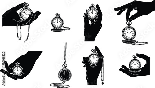 Set of hands holding vintage pocket watches with chains in various poses, antique timepiece silhouette illustrations for history, time management, elegance, and classic jewelry concepts.