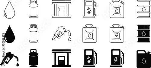 Collection of black and white oil gas and fuel container icons