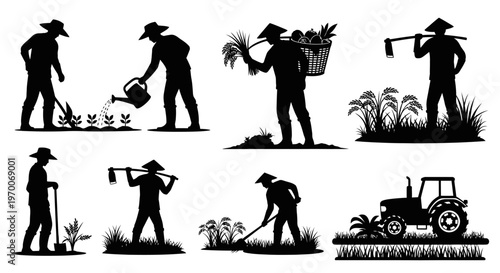 Farmer Working in Field Silhouette Agriculture Farming Scene Vector Isolated on White